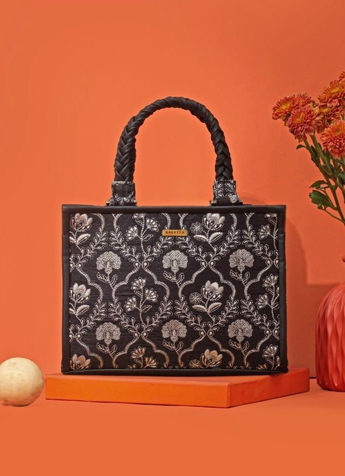 Amyra Black Embroidered Silk HandbagFabilicious Fashion