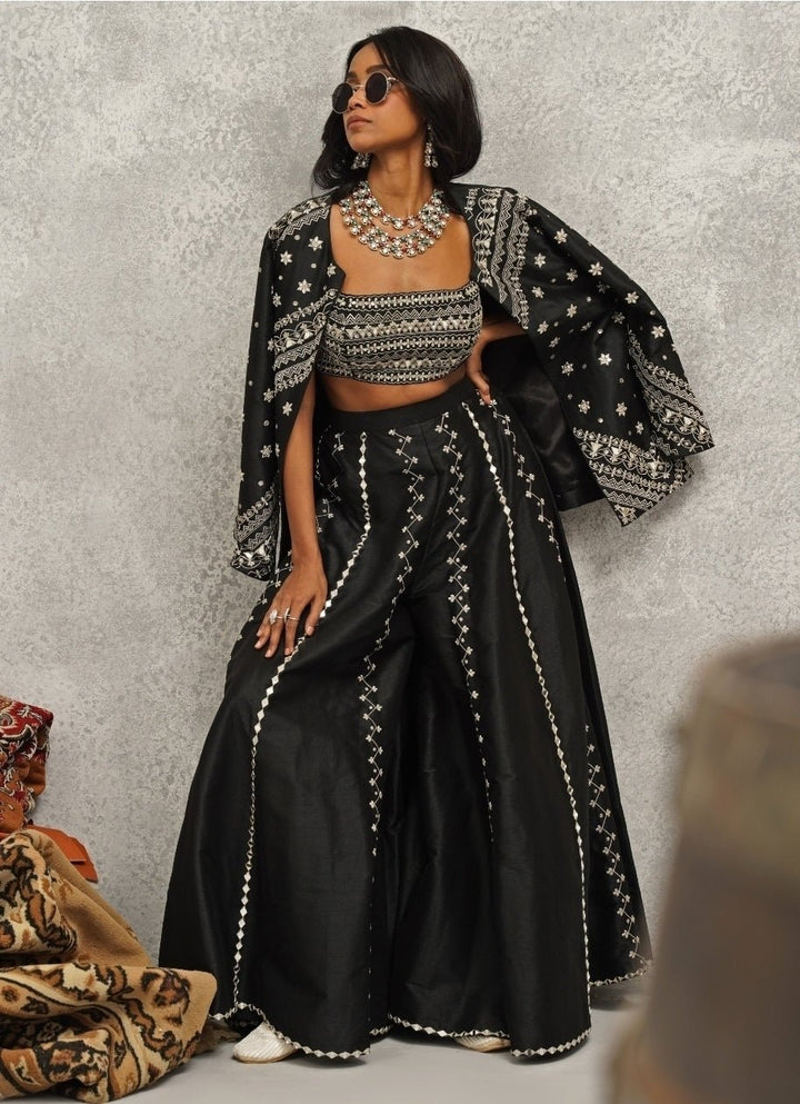 Black Embroidered Silk Jacket Sharara Set Kapda Dori - Fabilicious Fashion