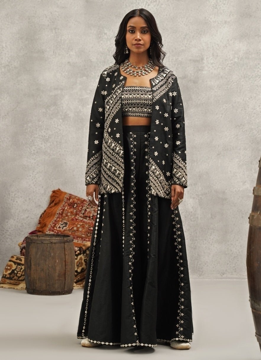 Black Embroidered Silk Jacket Sharara Set Kapda Dori - Fabilicious Fashion