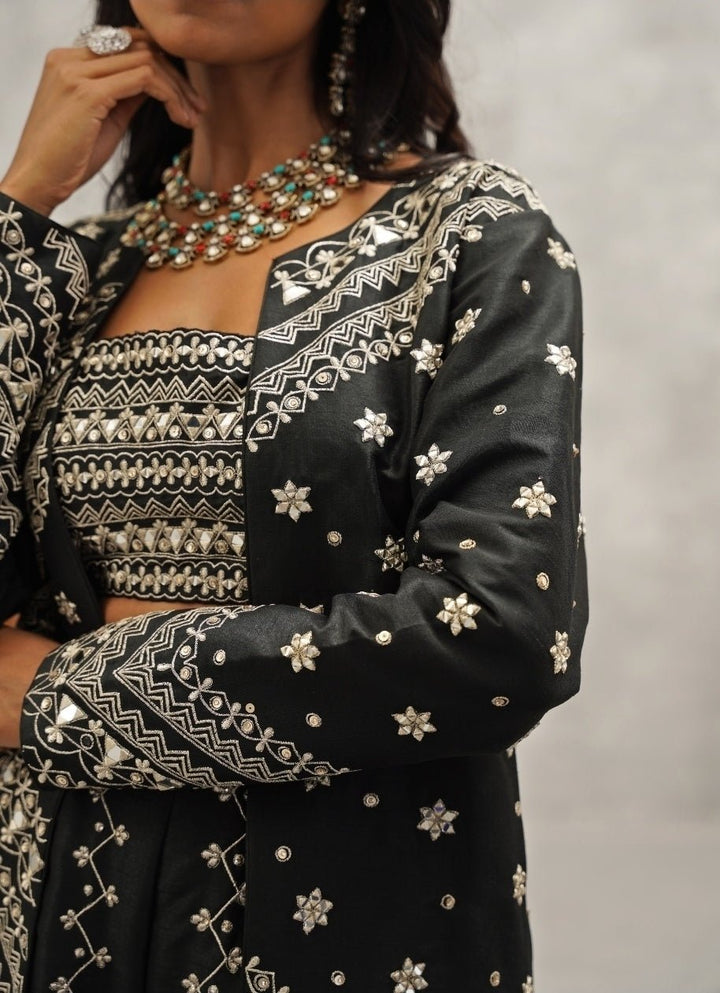 Black Embroidered Silk Jacket Sharara Set Kapda Dori - Fabilicious Fashion