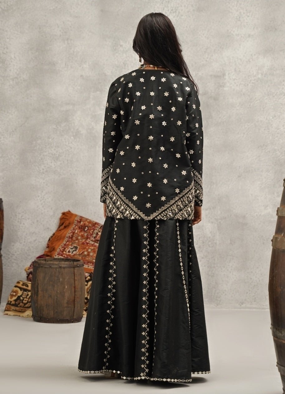 Black Embroidered Silk Jacket Sharara Set Kapda Dori - Fabilicious Fashion