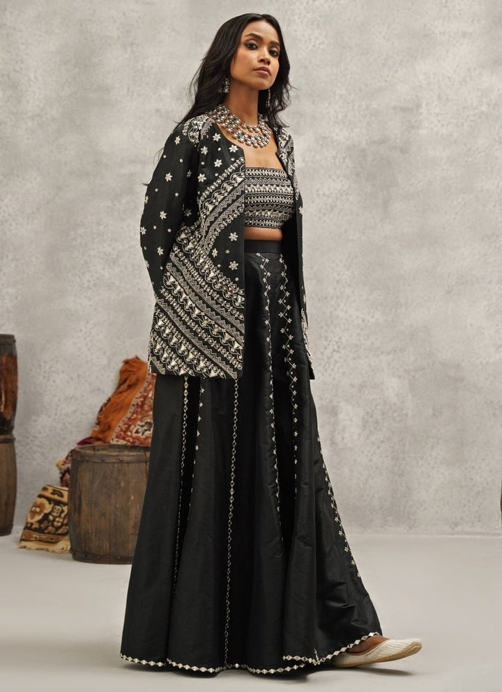 Black Embroidered Silk Jacket Sharara Set Kapda Dori - Fabilicious Fashion