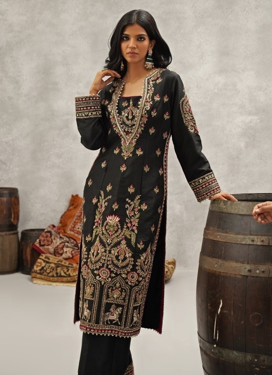 Black Embroidered Silk Kurta Pant Set Kapda Dori - Fabilicious Fashion