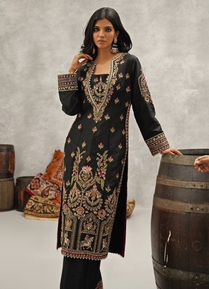 Black Embroidered Silk Kurta Pant Set Kapda Dori - Fabilicious Fashion
