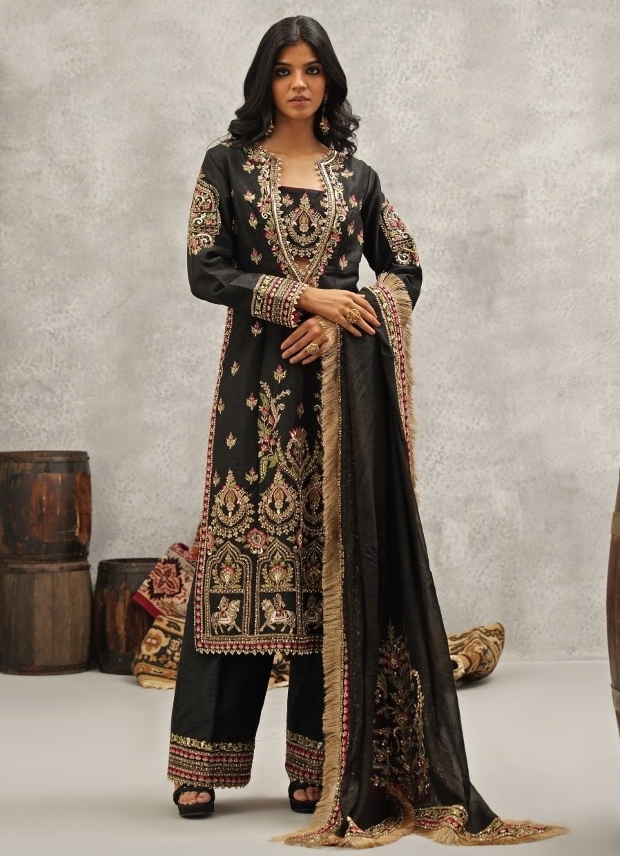 Black Embroidered Silk Kurta Pant Set Kapda Dori - Fabilicious Fashion