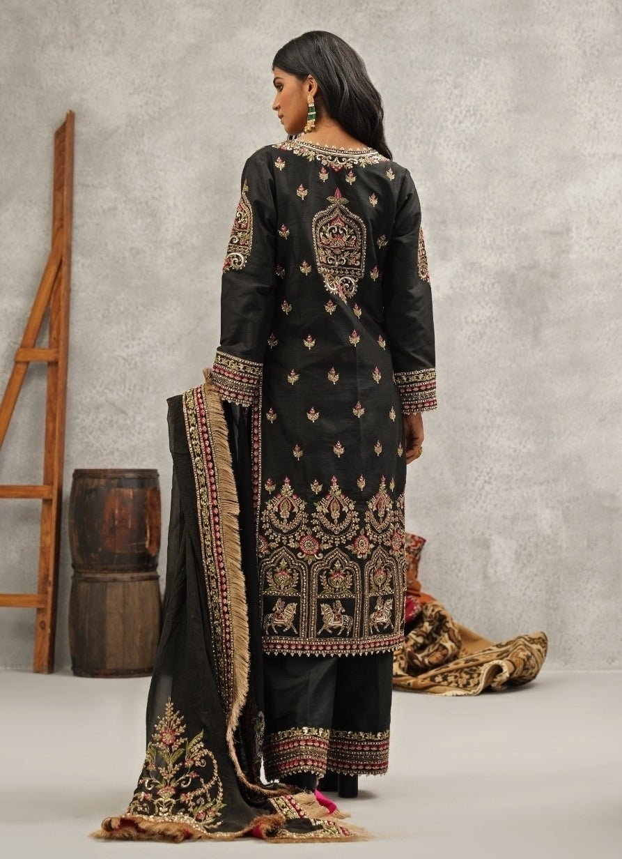 Black Embroidered Silk Kurta Pant Set Kapda Dori - Fabilicious Fashion