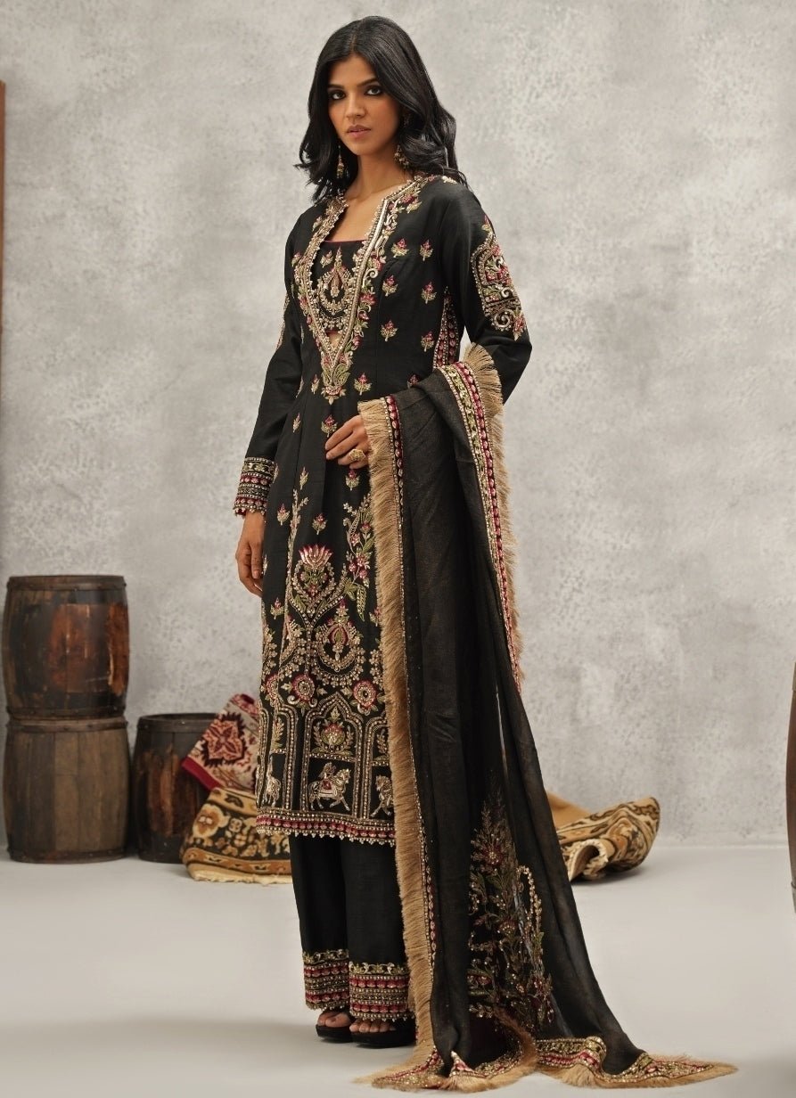 Black Embroidered Silk Kurta Pant Set Kapda Dori - Fabilicious Fashion