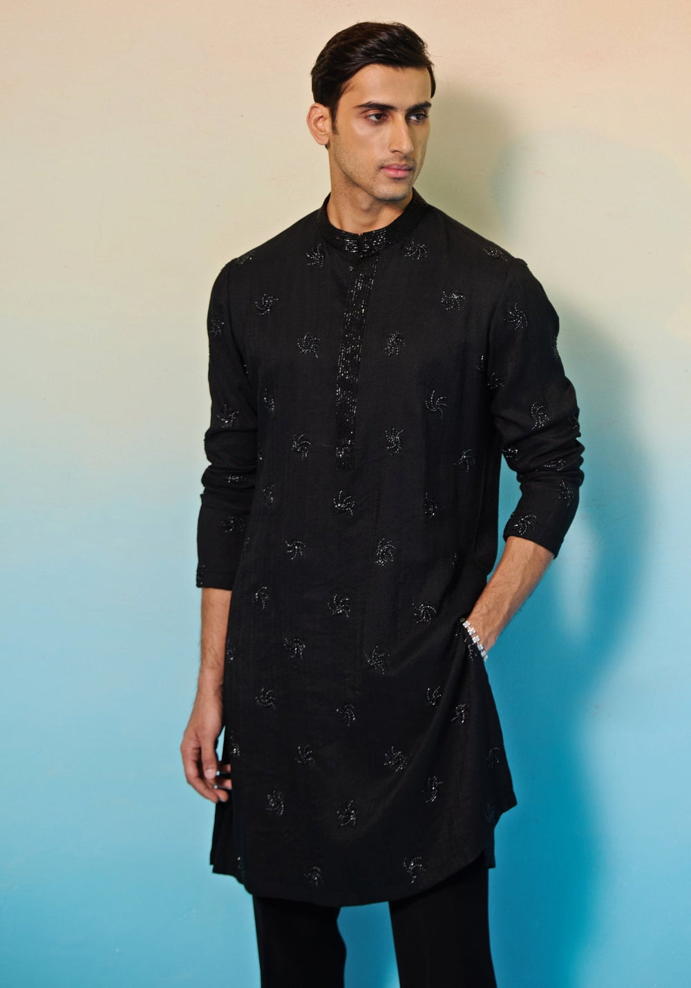 Black Embroidered Silk Kurta Set Contrast by Parth - Fabilicious Fashion