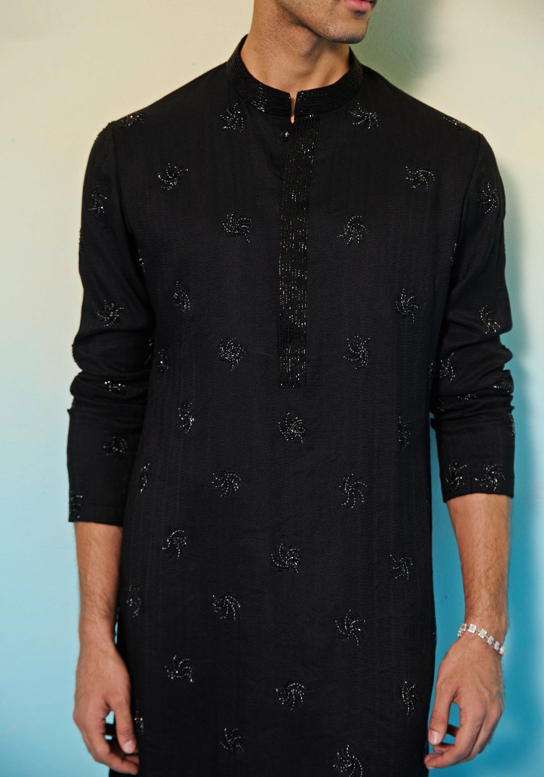 Black Embroidered Silk Kurta Set Contrast by Parth - Fabilicious Fashion