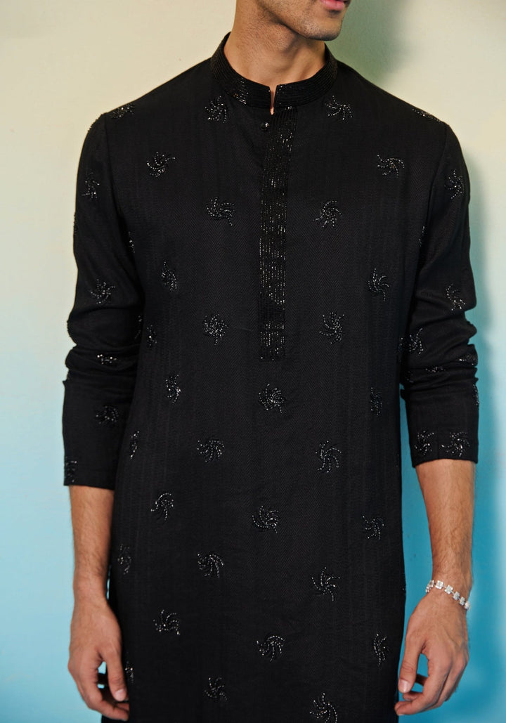 Black Embroidered Silk Kurta Set Contrast by Parth - Fabilicious Fashion