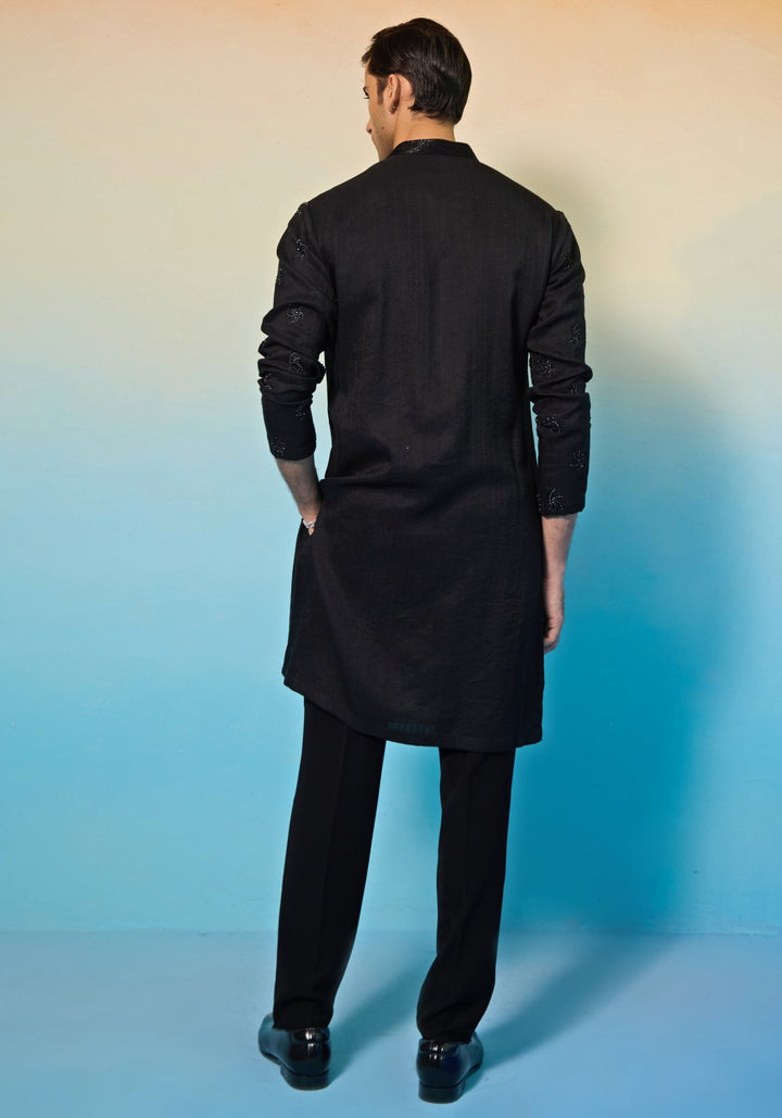 Black Embroidered Silk Kurta Set Contrast by Parth - Fabilicious Fashion