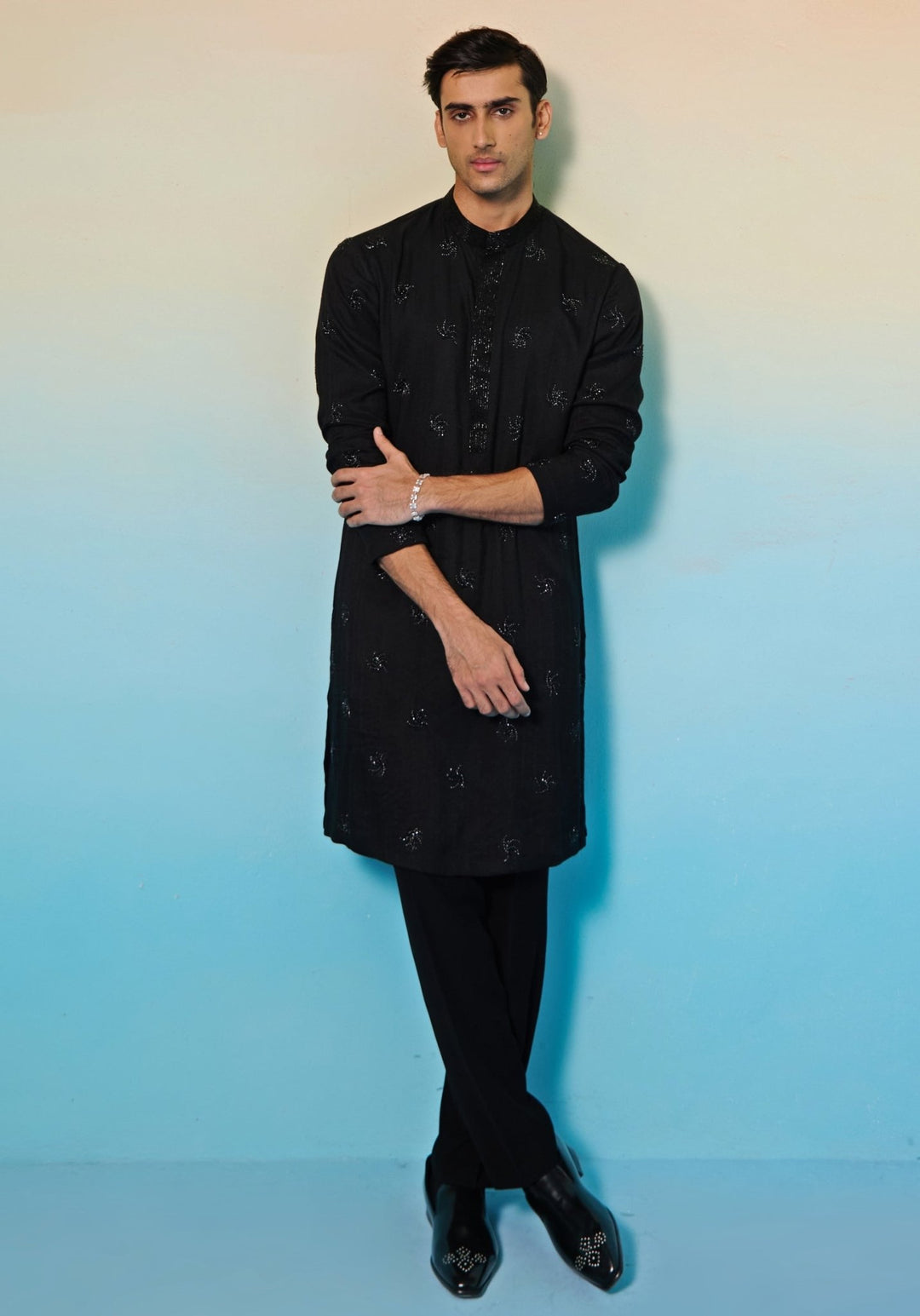 Black Embroidered Silk Kurta Set Contrast by Parth - Fabilicious Fashion