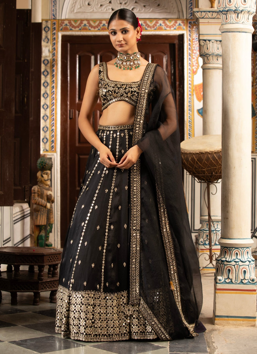 Black Embroidered Silk Organza Lehenga Set Neha Khullar - Fabilicious Fashion