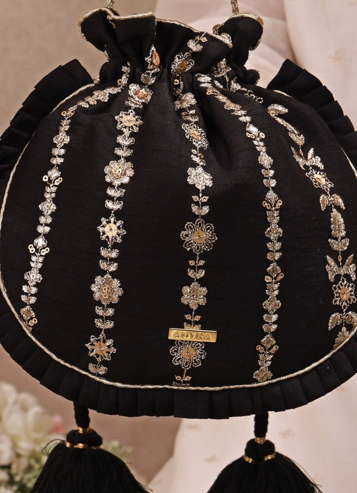 Amyra Black Embroidered Silk Pleated PotliFabilicious Fashion