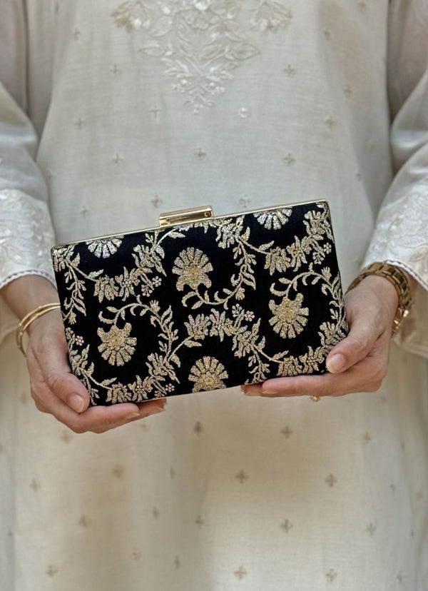 Black Embroidered Silk Sleek Clutch