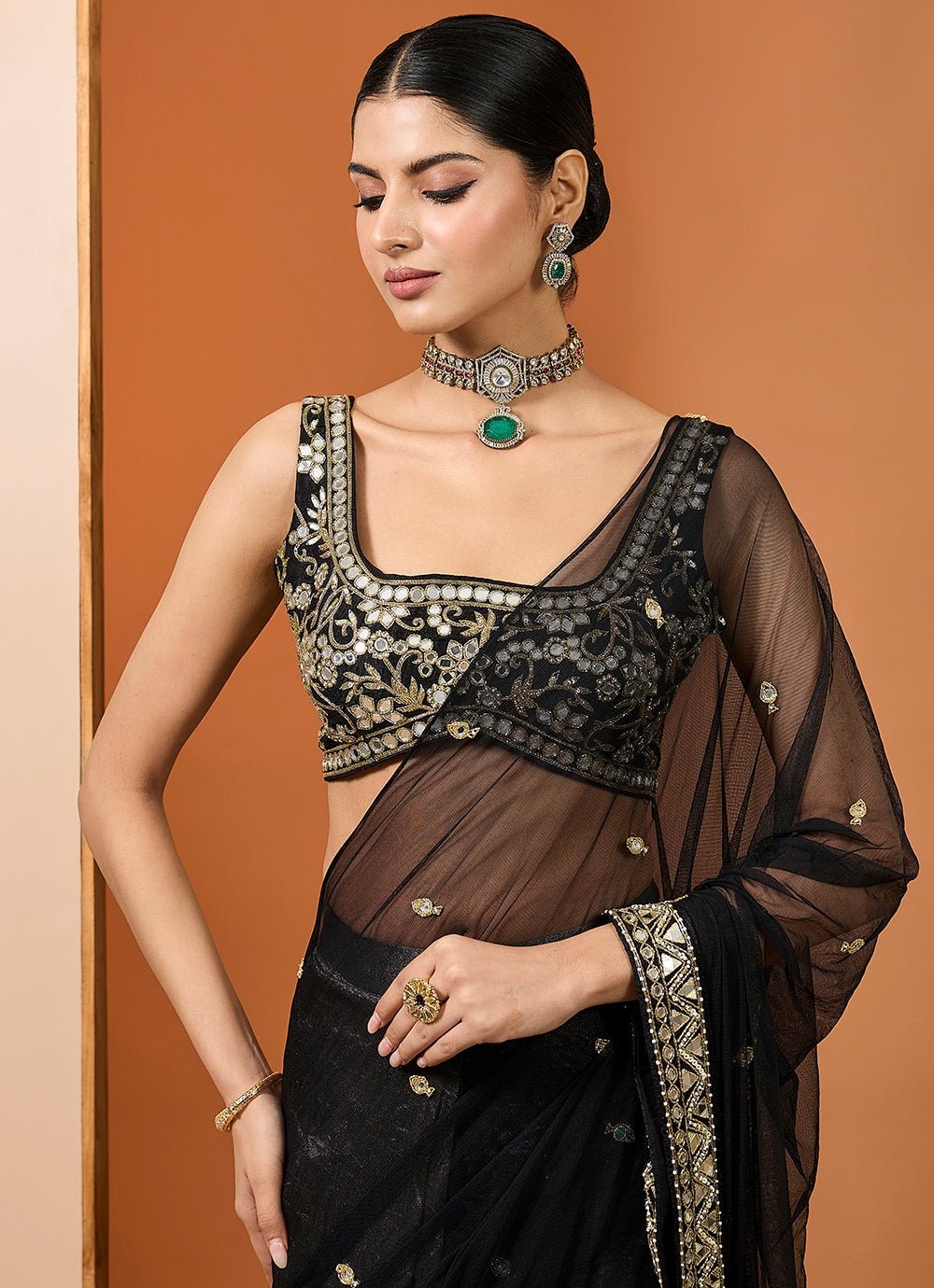 Black Embroidered Silk Tissue Saree Neha Khullar - Fabilicious Fashion