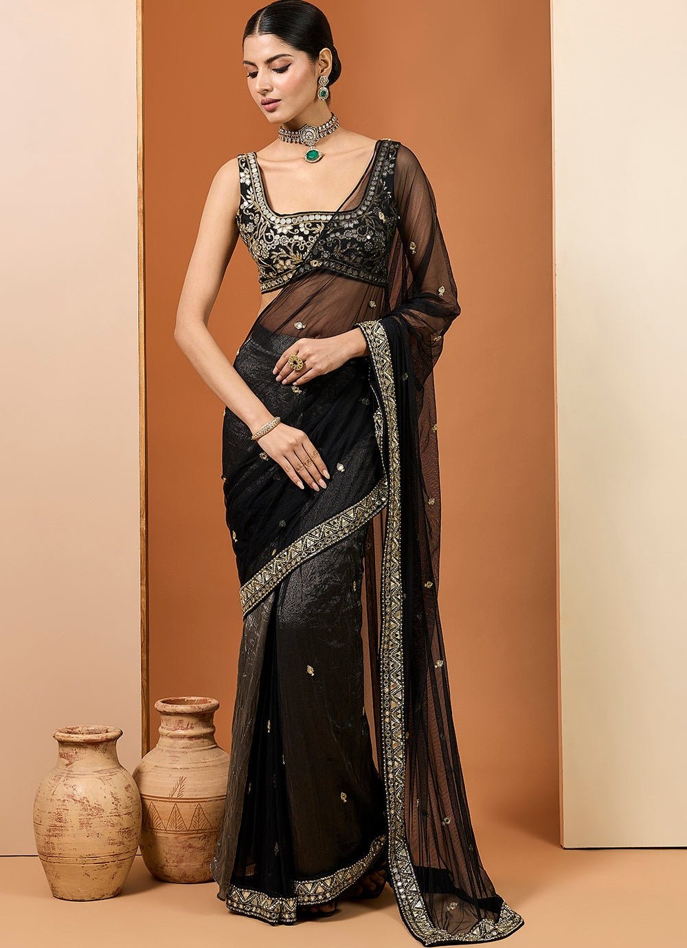 Black Embroidered Silk Tissue Saree Neha Khullar - Fabilicious Fashion