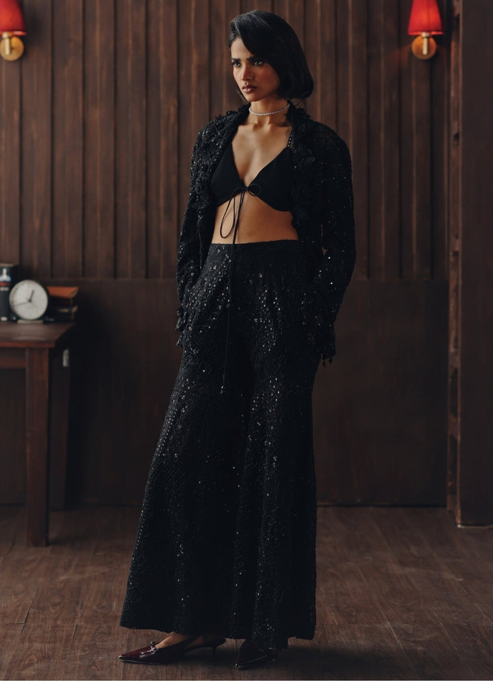 Black Embroidered Soft Net Blazer Set Twenty Nine - Fabilicious Fashion