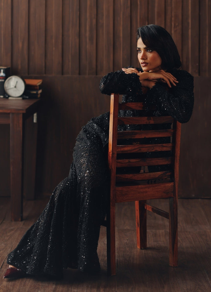 Black Embroidered Soft Net Blazer Set Twenty Nine - Fabilicious Fashion