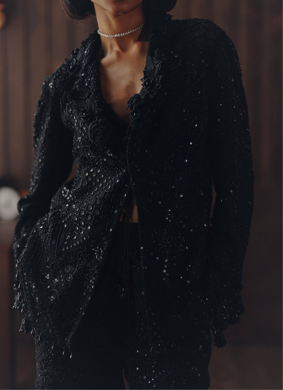 Black Embroidered Soft Net Blazer Set Twenty Nine - Fabilicious Fashion
