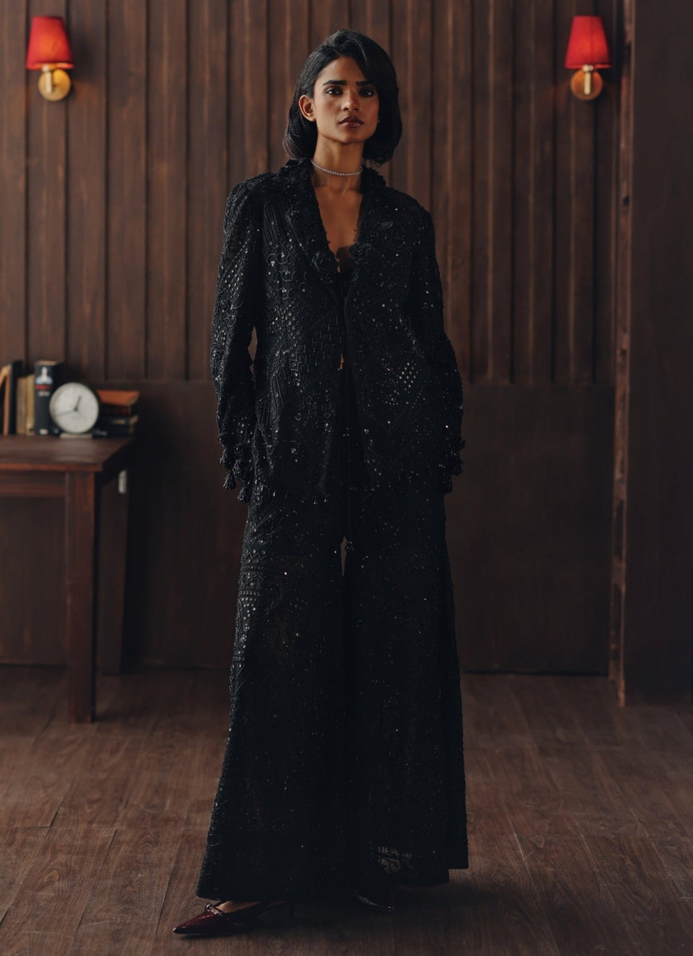 Black Embroidered Soft Net Blazer Set Twenty Nine - Fabilicious Fashion