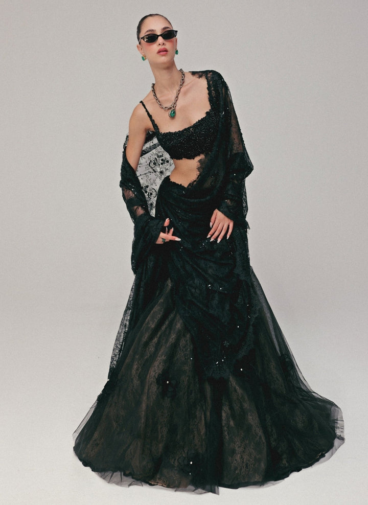 The Little Black Bow Black Embroidered Soft Net Lehenga Saree SetFabilicious Fashion