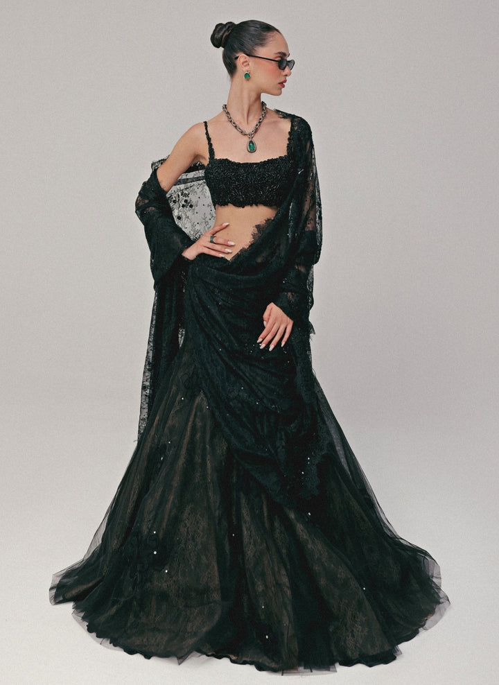 The Little Black Bow Black Embroidered Soft Net Lehenga Saree SetFabilicious Fashion
