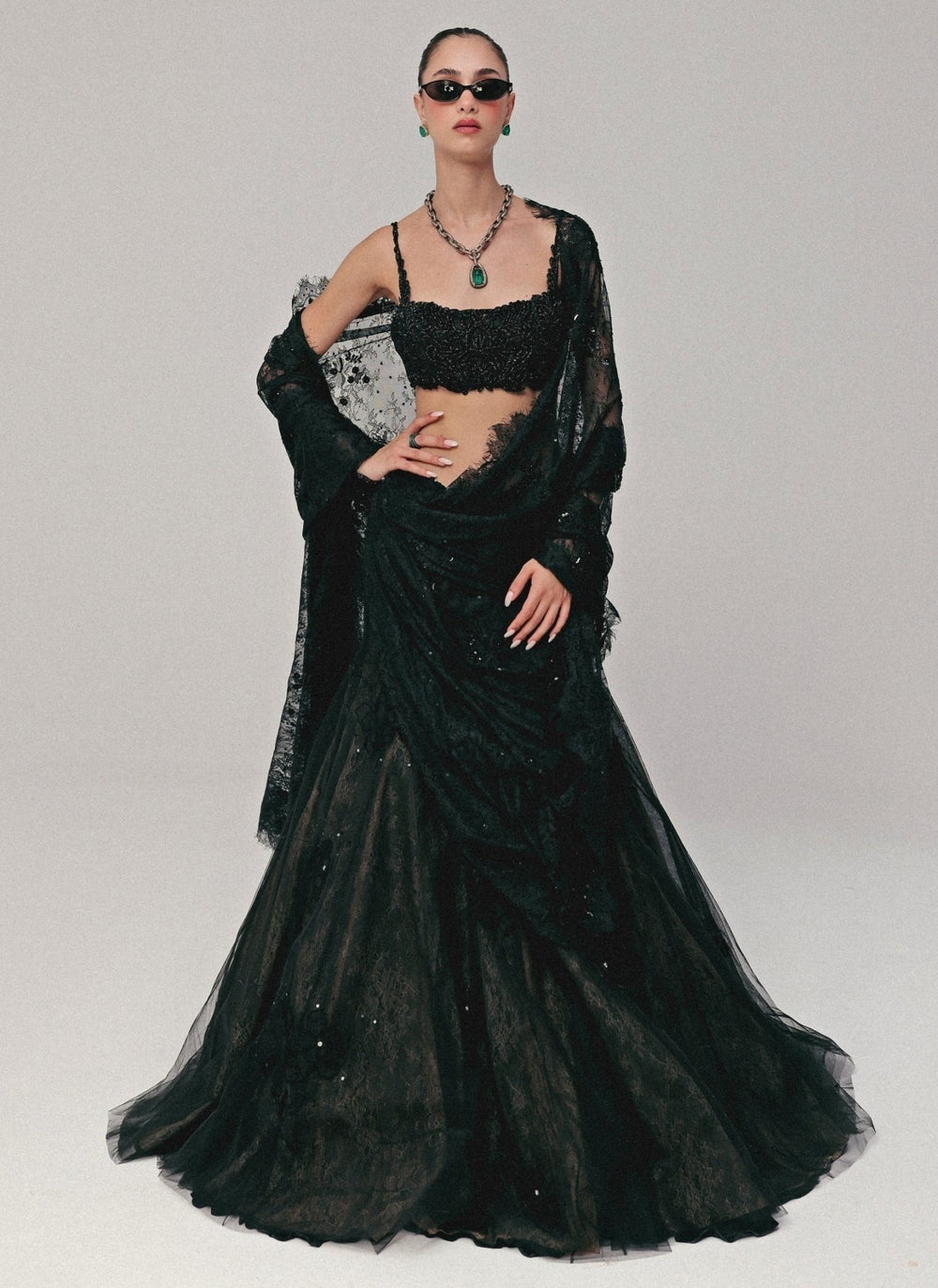 The Little Black Bow Black Embroidered Soft Net Lehenga Saree SetFabilicious Fashion