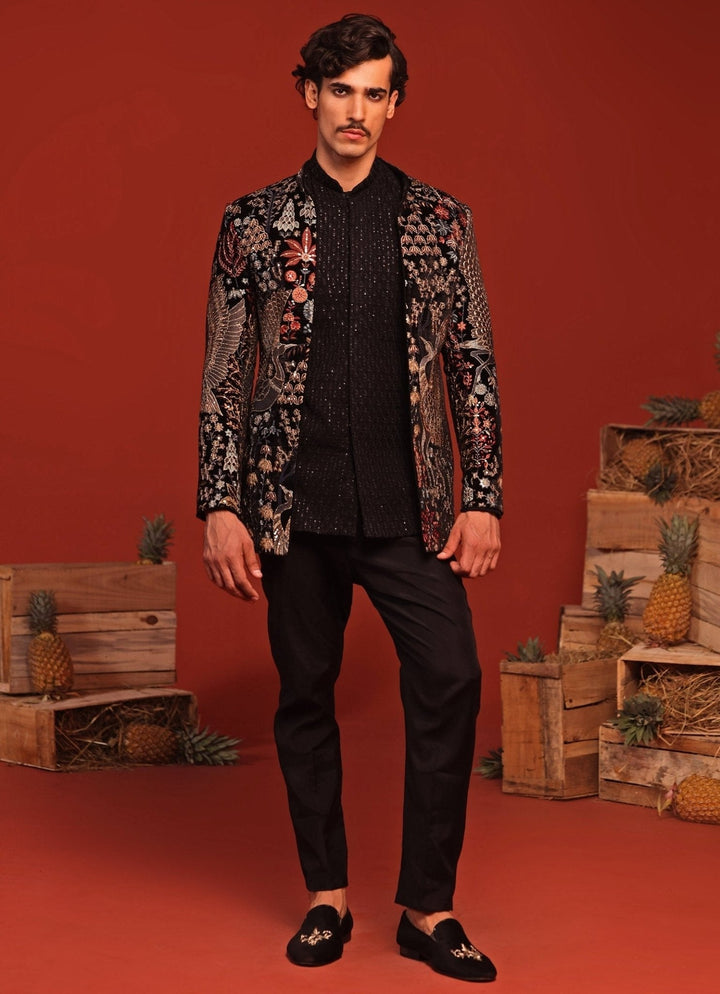 Black Embroidered Velvet Jodhpuri Jacket Kalpraag - Fabilicious Fashion