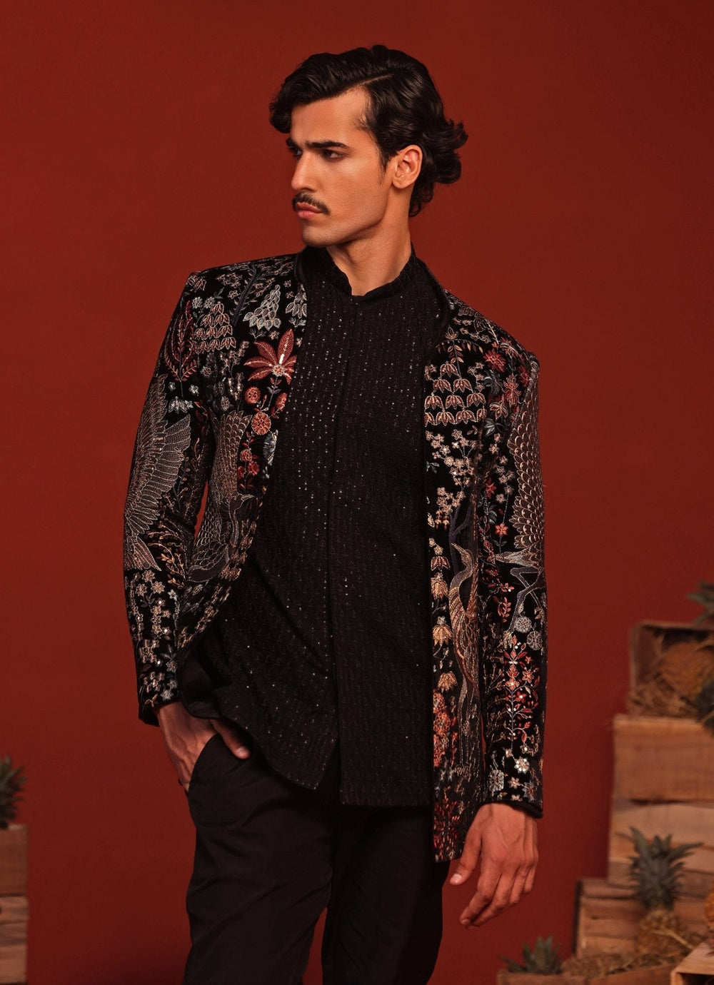 Black Embroidered Velvet Jodhpuri Jacket Kalpraag - Fabilicious Fashion