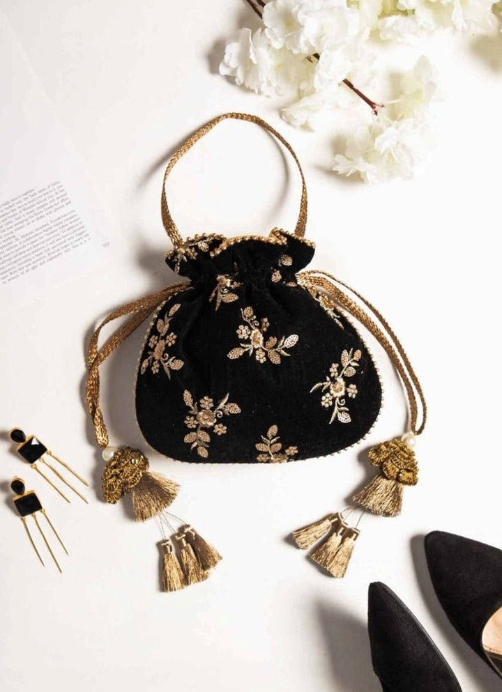 Black Embroidered Velvet Potli AMYRA - Fabilicious Fashion