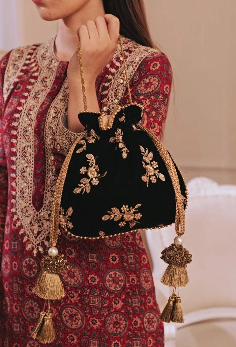 Black Embroidered Velvet Potli AMYRA - Fabilicious Fashion
