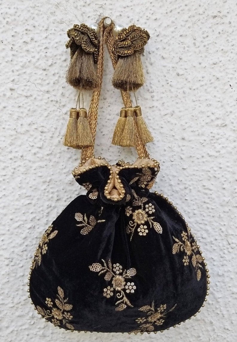 Black Embroidered Velvet Potli AMYRA - Fabilicious Fashion