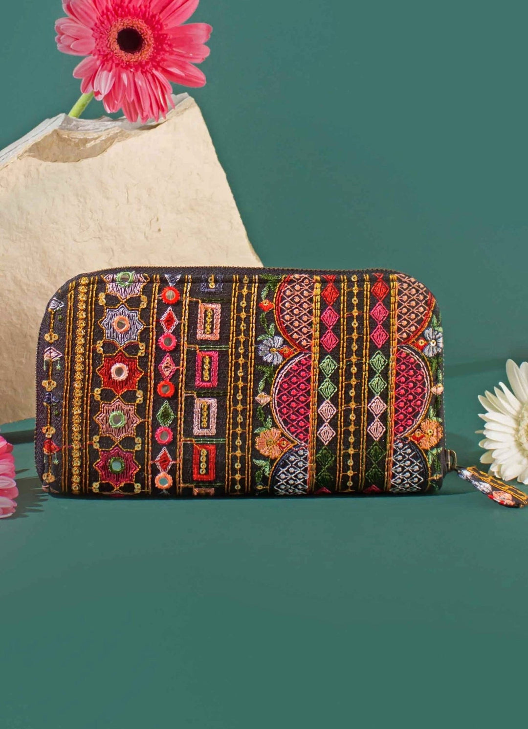 Black Embroidered Zip Wallet AMYRA - Fabilicious Fashion