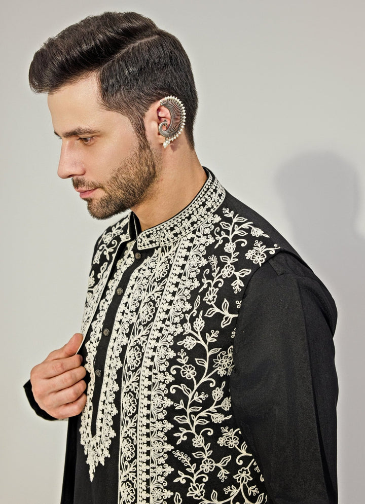 Black Embroidery Silk Kurta Jacket Set Chatenya Mittal - Fabilicious Fashion