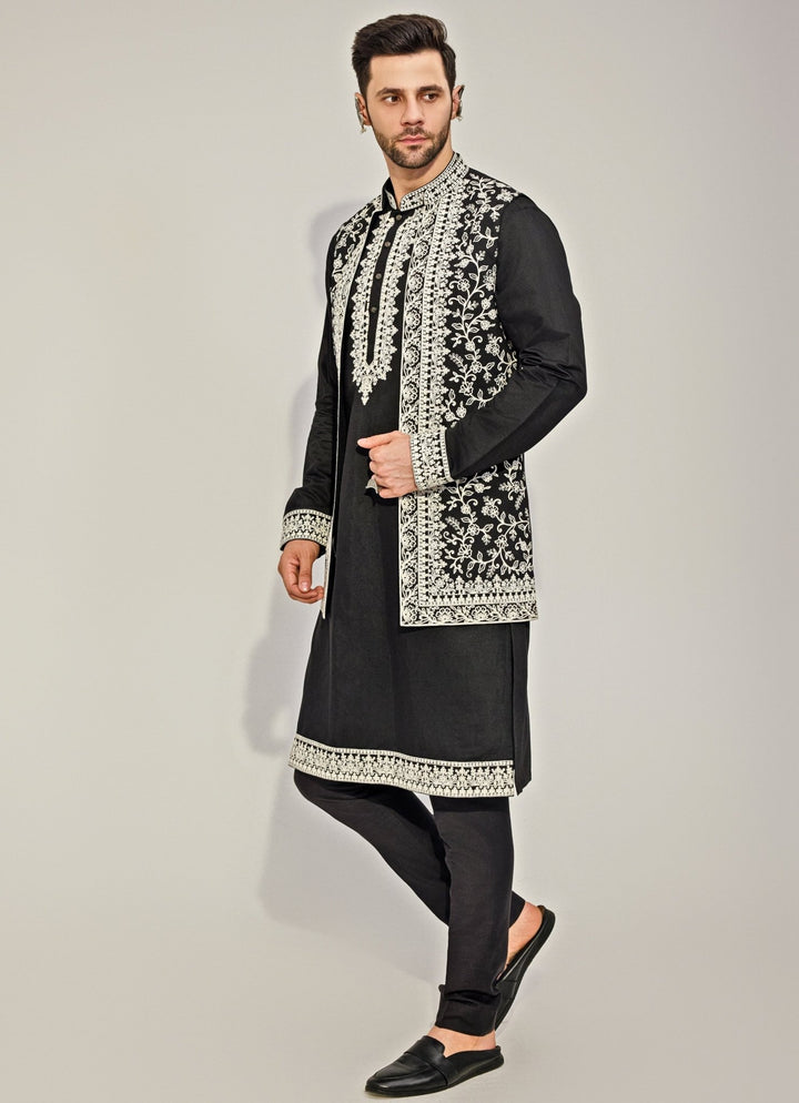 Black Embroidery Silk Kurta Jacket Set Chatenya Mittal - Fabilicious Fashion