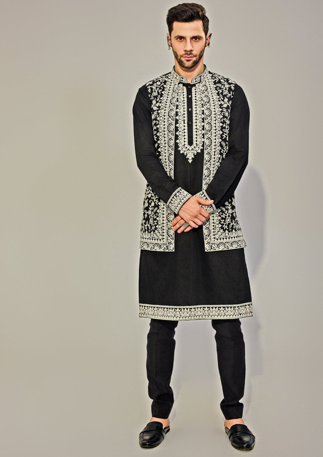 Black Embroidery Silk Kurta Jacket Set Chatenya Mittal - Fabilicious Fashion