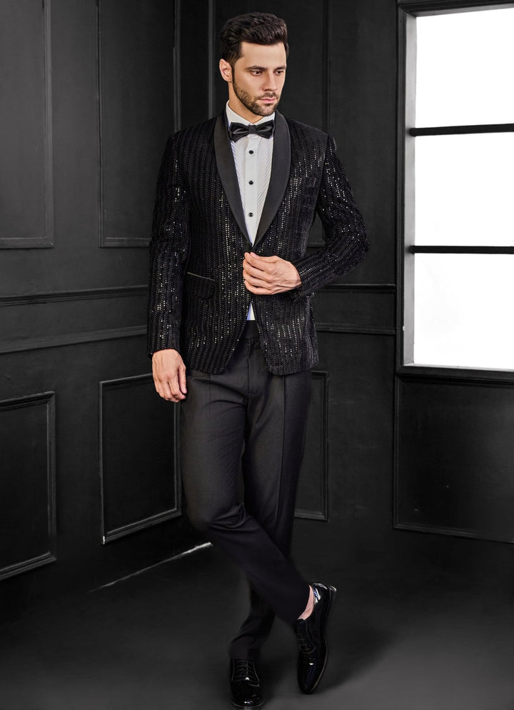 Black Embroidery Velvet Tuxedo Set Chatenya Mittal - Fabilicious Fashion