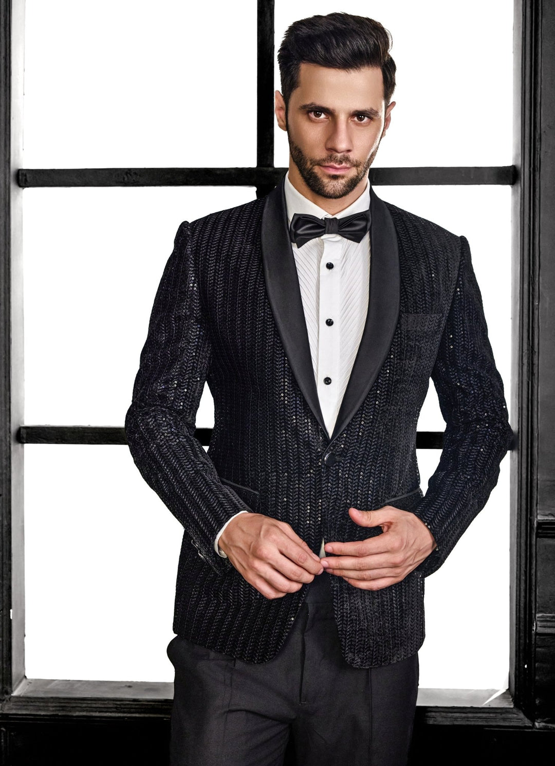 Black Embroidery Velvet Tuxedo Set Chatenya Mittal - Fabilicious Fashion