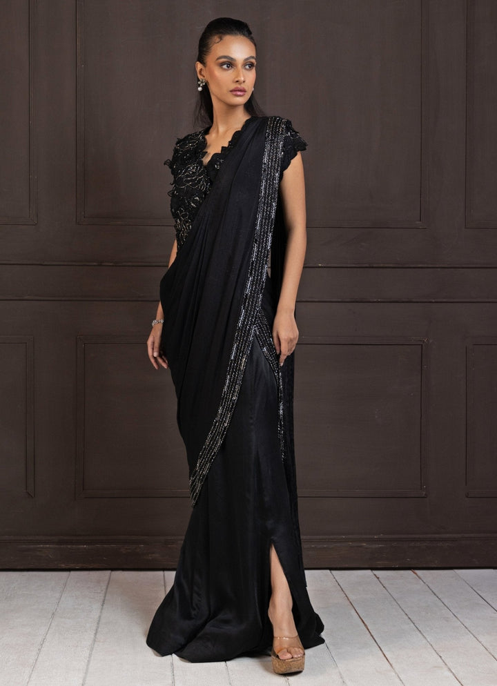 Black Floral Chiffon Skirt Slit Saree Smriti - Fabilicious Fashion