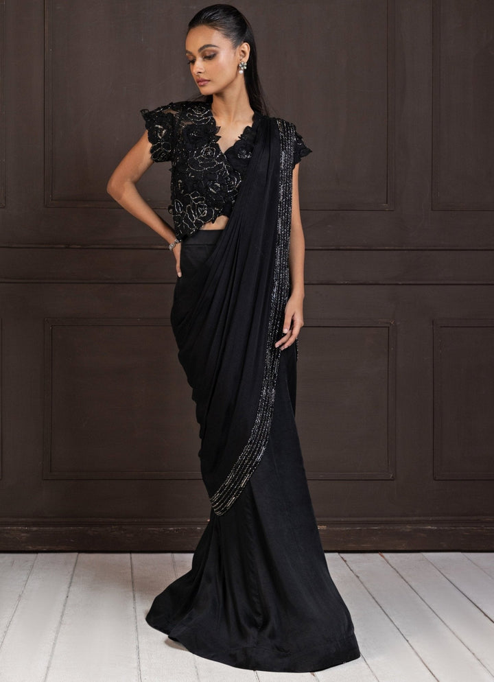 Black Floral Chiffon Skirt Slit Saree Smriti - Fabilicious Fashion
