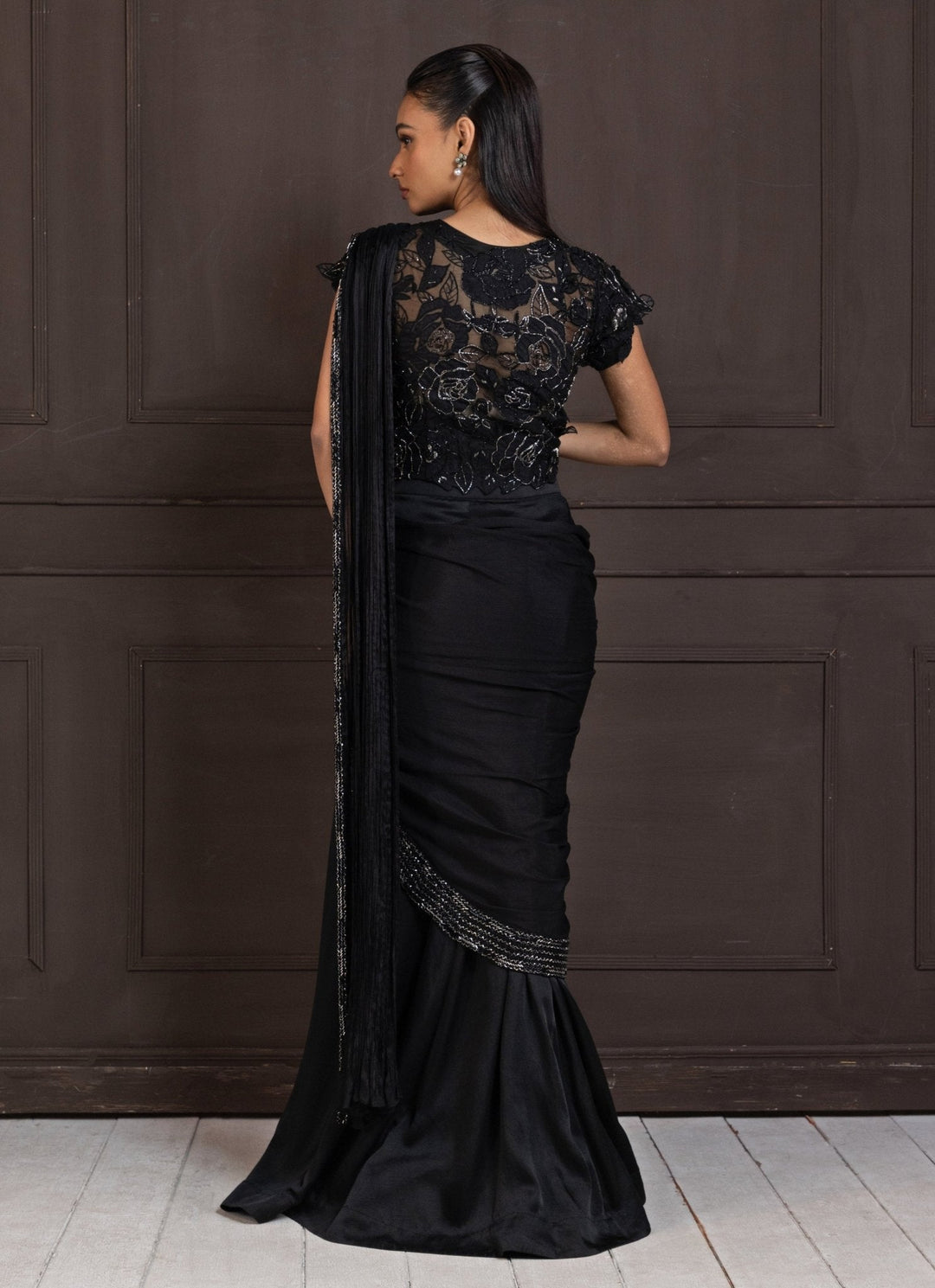 Black Floral Chiffon Skirt Slit Saree Smriti - Fabilicious Fashion