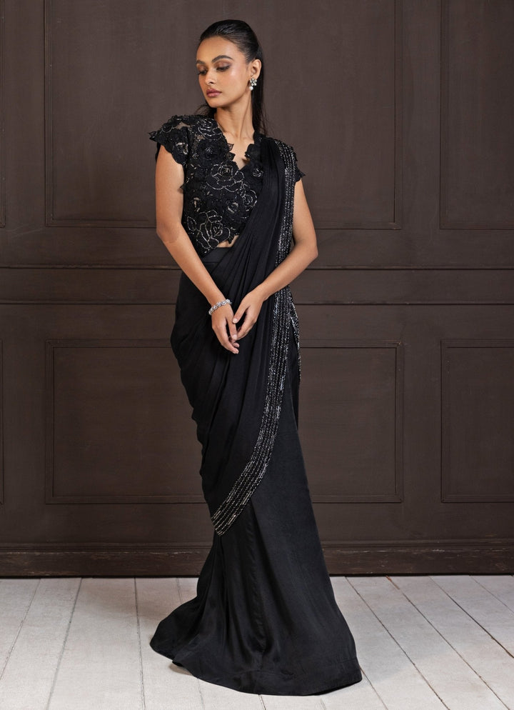 Black Floral Chiffon Skirt Slit Saree Smriti - Fabilicious Fashion