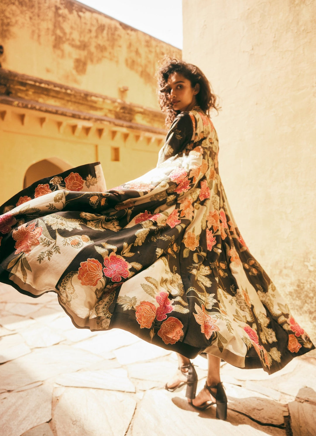 Black Floral Drape Skirt Set With Jacket Paulmi and Harsh - Fabilicious Fashion
