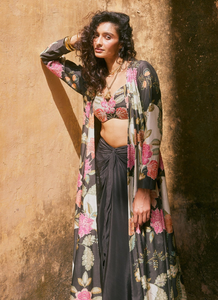 Black Floral Drape Skirt Set With Jacket Paulmi and Harsh - Fabilicious Fashion