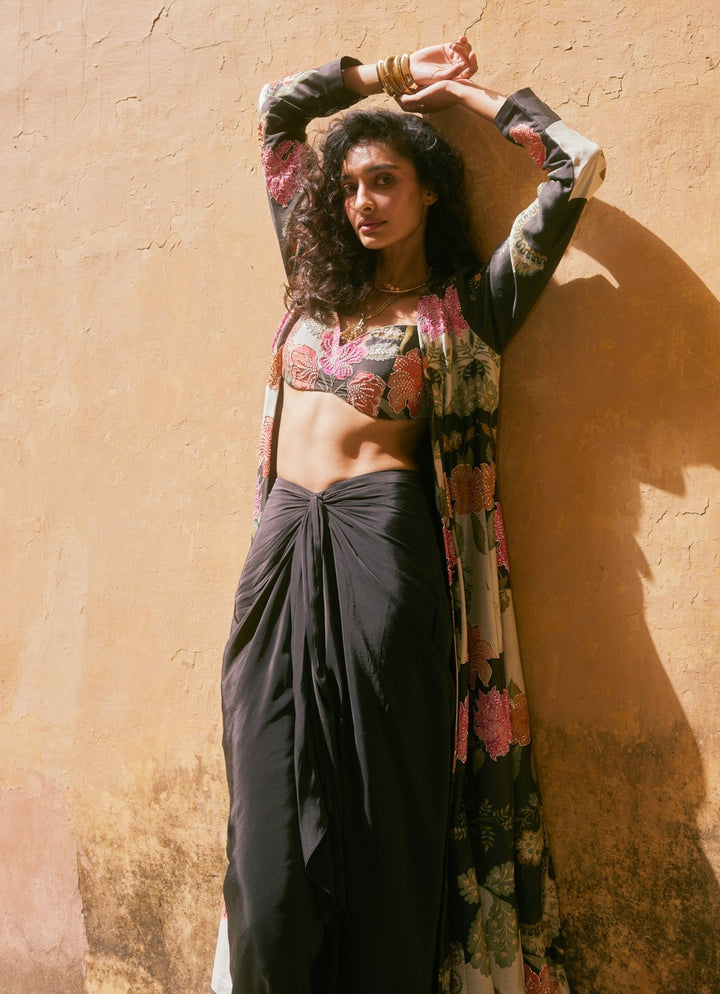 Black Floral Drape Skirt Set With Jacket Paulmi and Harsh - Fabilicious Fashion
