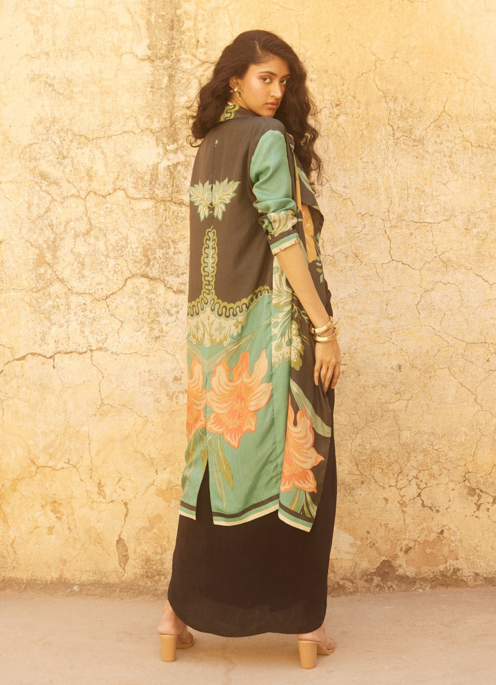 Black Floral Drape Skirt Set With Jacket Paulmi and Harsh - Fabilicious Fashion