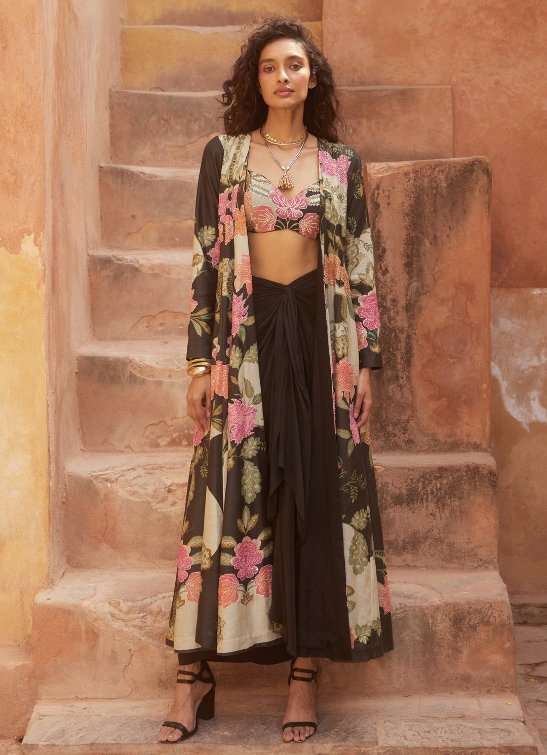 Black Floral Drape Skirt Set With Jacket Paulmi and Harsh - Fabilicious Fashion
