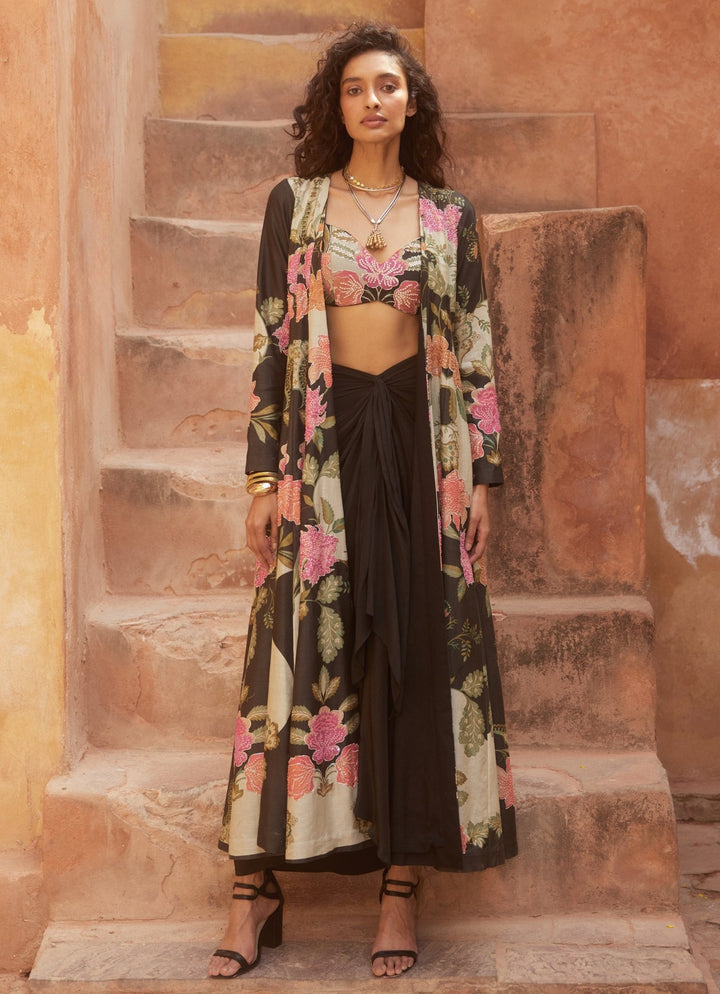 Black Floral Drape Skirt Set With Jacket Paulmi and Harsh - Fabilicious Fashion