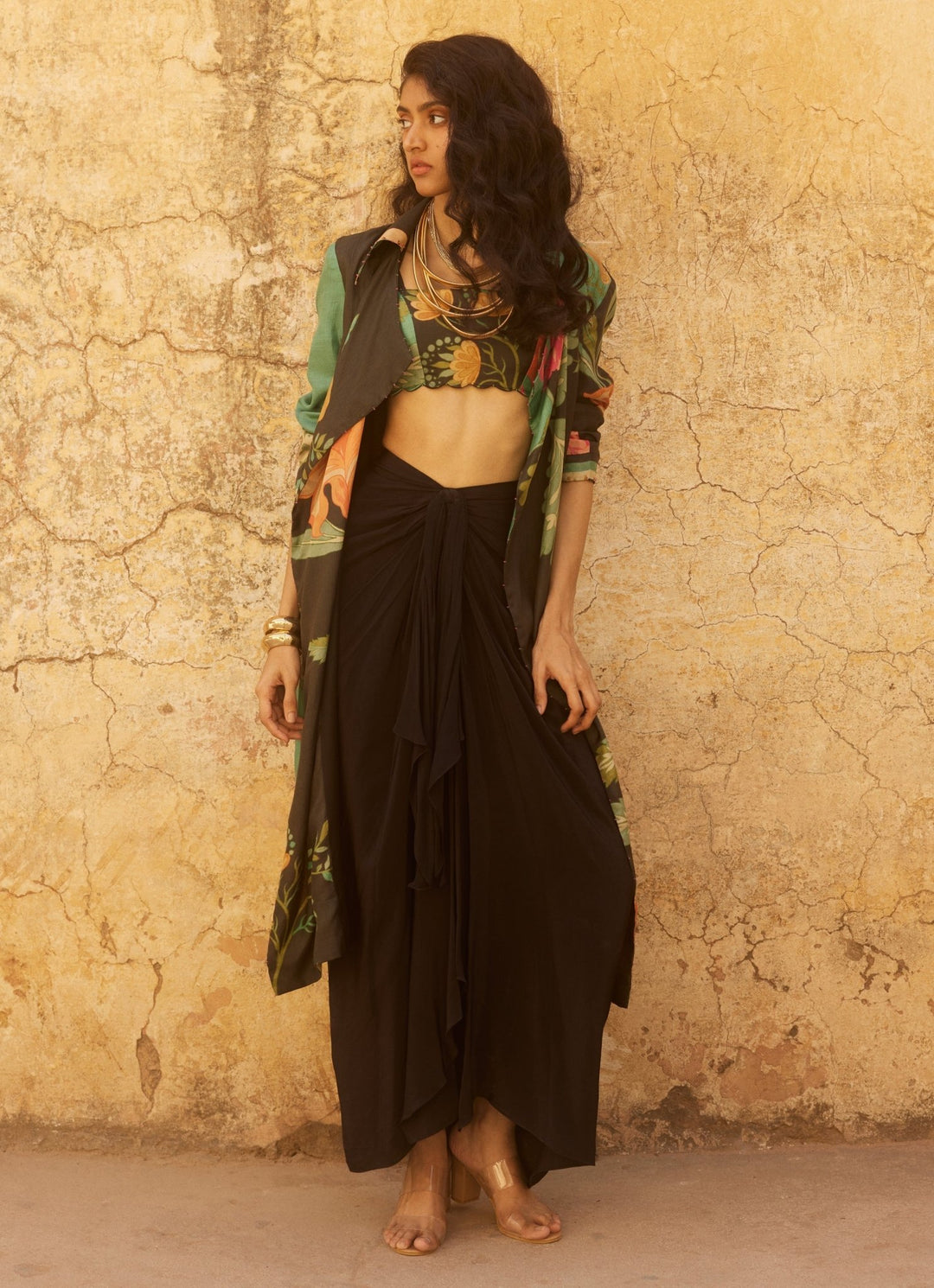 Black Floral Drape Skirt Set With Jacket Paulmi and Harsh - Fabilicious Fashion
